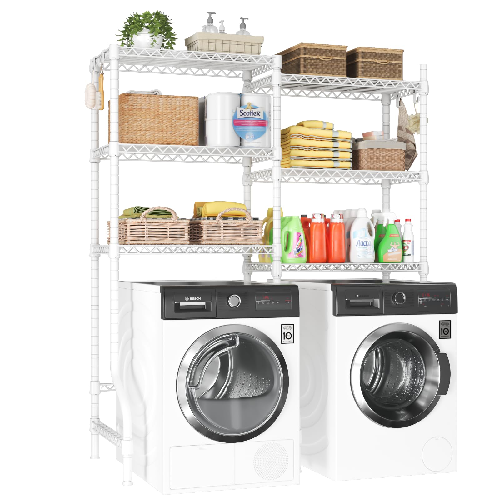 Photo 1 of ULIFHOME U15 Over Washer and Dryer Storage Shelves, Laundry Above Washer Dryer Storage Rack Space Saver, 6-Tier Wire Shelf with 4 Hooks for Organization, 63.4"W x 17.3"D x 76.4"H, Holds 568lbs, White