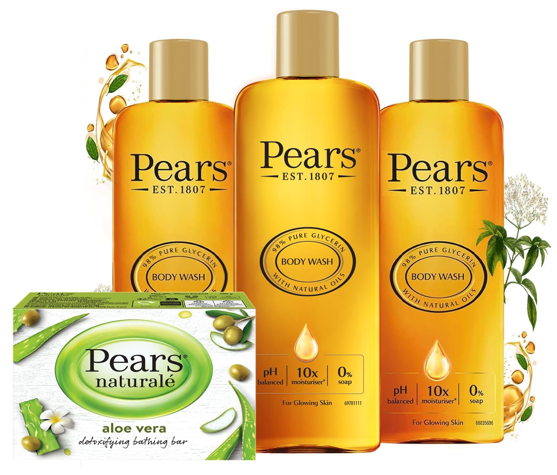 Pears Body Wash (3 x 250 ml) Pure and Gentle Original & Pears Naturalé Soap Aloe Vera 100g