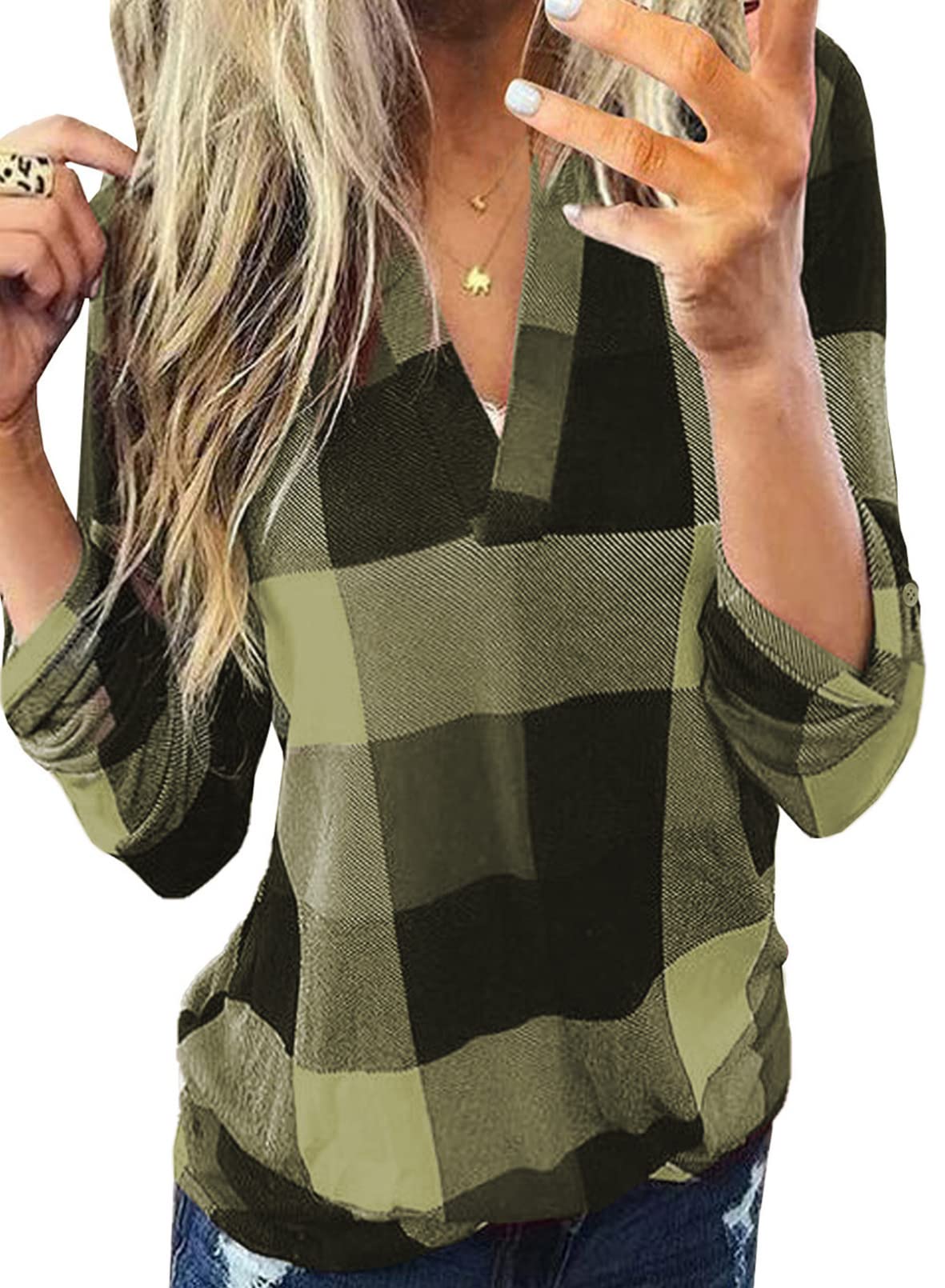 Photo 1 of Dokotoo Womens Spring Fall Fashion Casual Ladies Basic Cotton Cuffed 3/4 Long Sleeve Plaid Print V Neck Work Tunic Tops and Blouses Shirts for Women 2025