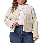 Agnes Orinda Plus Size Cropped Jackets for Women Single Breasted Bomber Jacket Long Sleeve Casual Shacket Coat with Pockets