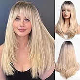 HAIRCUBE Ombre Blonde Wigs for Women Dark Root Long Straight layered Wig with Bangs Heat Resistant Fiber Synthetic Wigs Daily Natural looking