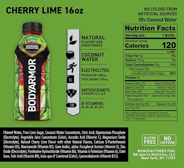 BODYARMOR SPORTS DRINK SPORTS BEVERAGE, CHERRY LIME, COCONUT WATER HYDRATION, NATURAL FLAVORS WITH VITAMINS, POTASSIUM-PACKED ELECTROLYTES, PERFECT FOR ATHLETES, 16 FL OZ (PACK OF 12)