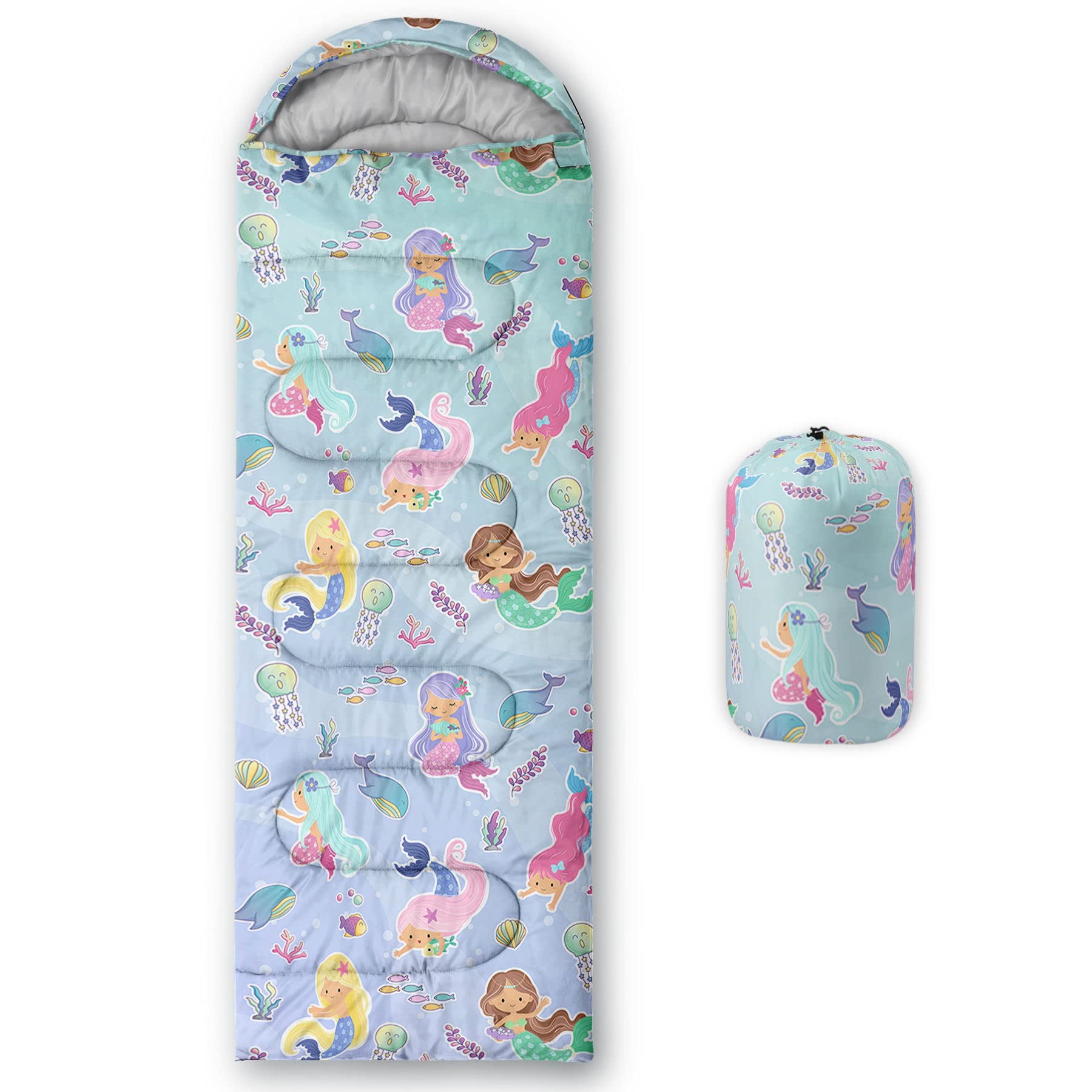 HOSIMA Sleeping Bags for Boys Girls Kids,Watercolor Mermaid Printeded Lightweight Warm Portable Outdoor Indoor-Waterproof Cold Weather Resistant Sleeping Bag for Camping Hiking(Mermaid2)