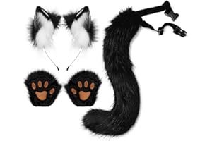 HAOAN Faux Fur Wolf Ears Headband Fox Tail and Paw Gloves Set Cosplay Halloween Costume Accessories