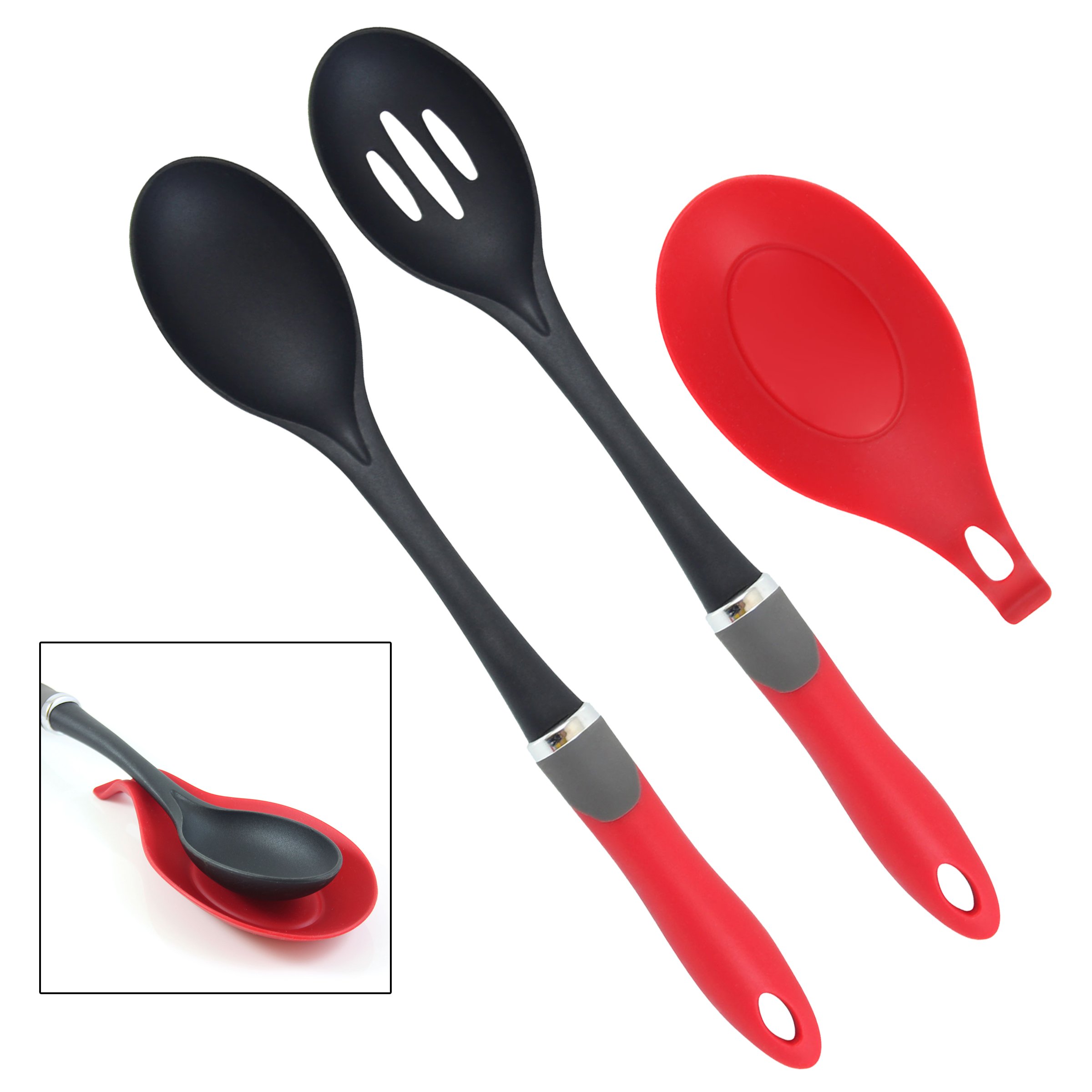 Nouveau set de cuillères de cuisine 3 pc – Remplacement à vie – Cuillères/spatules multifonction pleines & trouées + repose-cuillère – Accessoires nylon ne rayent pas les poêles Teflon antiadhésives