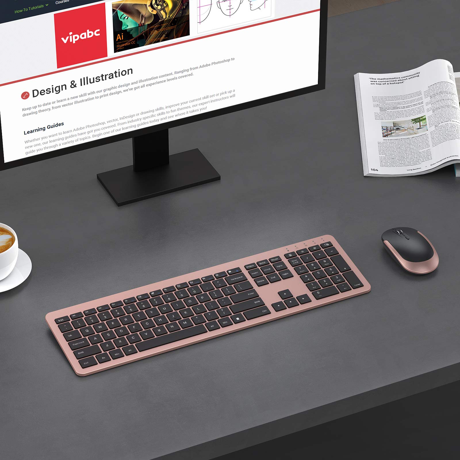 seenda Rechargeable Wireless Keyboard Mouse Combo Full Size Cordless Keyboard & Mouse Sets with Build-in Lithium Battery Ultra Thin Quiet Keyboard Mice (Rose Gold & Black)