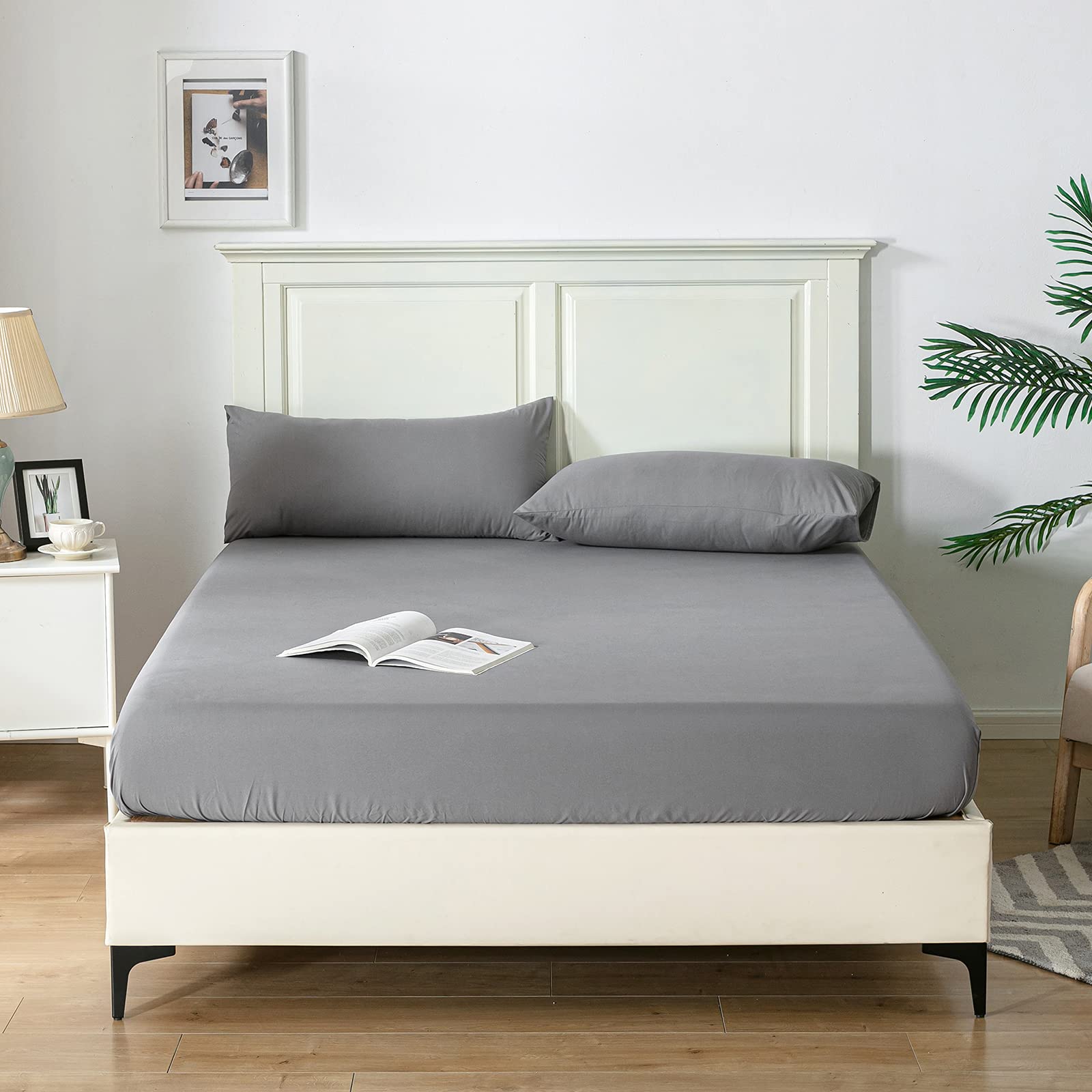 Good Nite Single Fitted Sheet Bed Sheets 25CM Extra Deep Pocket Soft and Breathable Fitted Bedding Sheets (Dark Gray, Single)