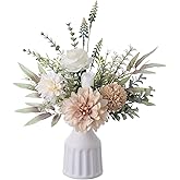Fake Flowers in Vase, Artificial Flowers with Vase, 15.7'' Floral Arrangements for Dining Table Centerpiece Decor, Silk Roses & Faux Dahlia Bouquet for Farmfouse Kitchen Coffee Table Decor (Brown)