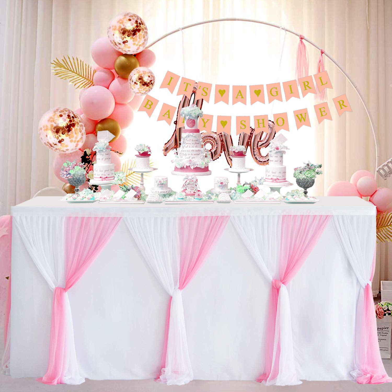 HBBMAGIC Pink Tulle Table Skirt 6ft Handmade Table Cover Skirting for Party, Baby Shower, Wedding, Birthday, Christmas & Home Decoration