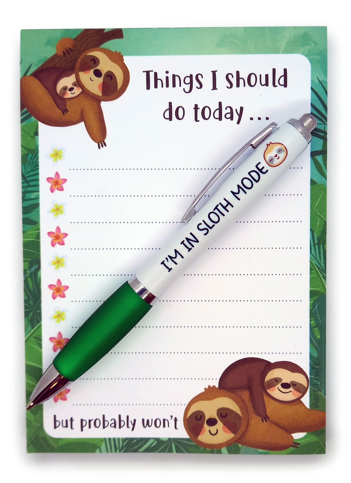 PartiKraft Cute Sloth To Do List Notepad and Pen Gift Set - 100 Sheet A6 Notepad & I'M IN SLOTH MODE Green Grip Pen