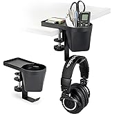 EHO Clamp-On Desk Pen and Cup Holder, 3-in-1 Stationery Organizer with Pencil and Accessory Storage, Reversible Hanging Hook, Space-Saving Desk Clamp Organizer, TAA-Compliant