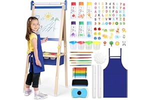 KIDINIX Kids Easel 3-1,Magnetic Chalkboard & Whiteboard, Paper Painting, Big Storage with Canvas Bag, Painting Sets with Finger Paints,Chalks,Brushes,Number Letters Magnets, Apron, Gift for Kids, Blue