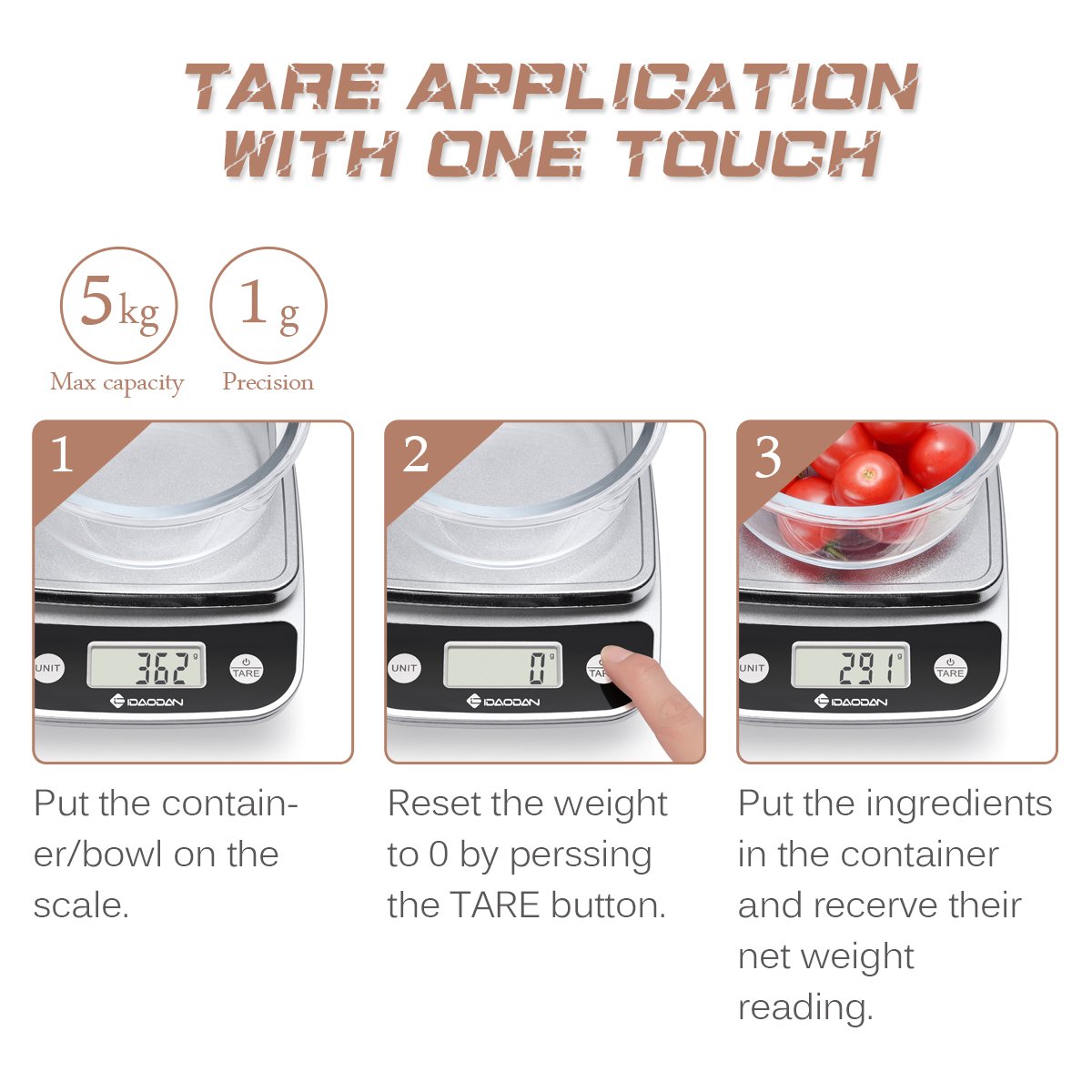 Digital Food Scale, [5000g, 1g] IDAODAN Versatile Kitchen Scales, Accurate Weight Scale for Coffee, Gram, Postal, Elegant Black