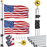 Hooomyai 20FT Telescopic Flag Pole Kit, Rotating Lock Heavy Duty Aluminum Telescoping Flagpole for Outside House In Ground Camper RV Tailgate Retractable with 2 3x5' USA Flags & Gold Ball Top, Silver