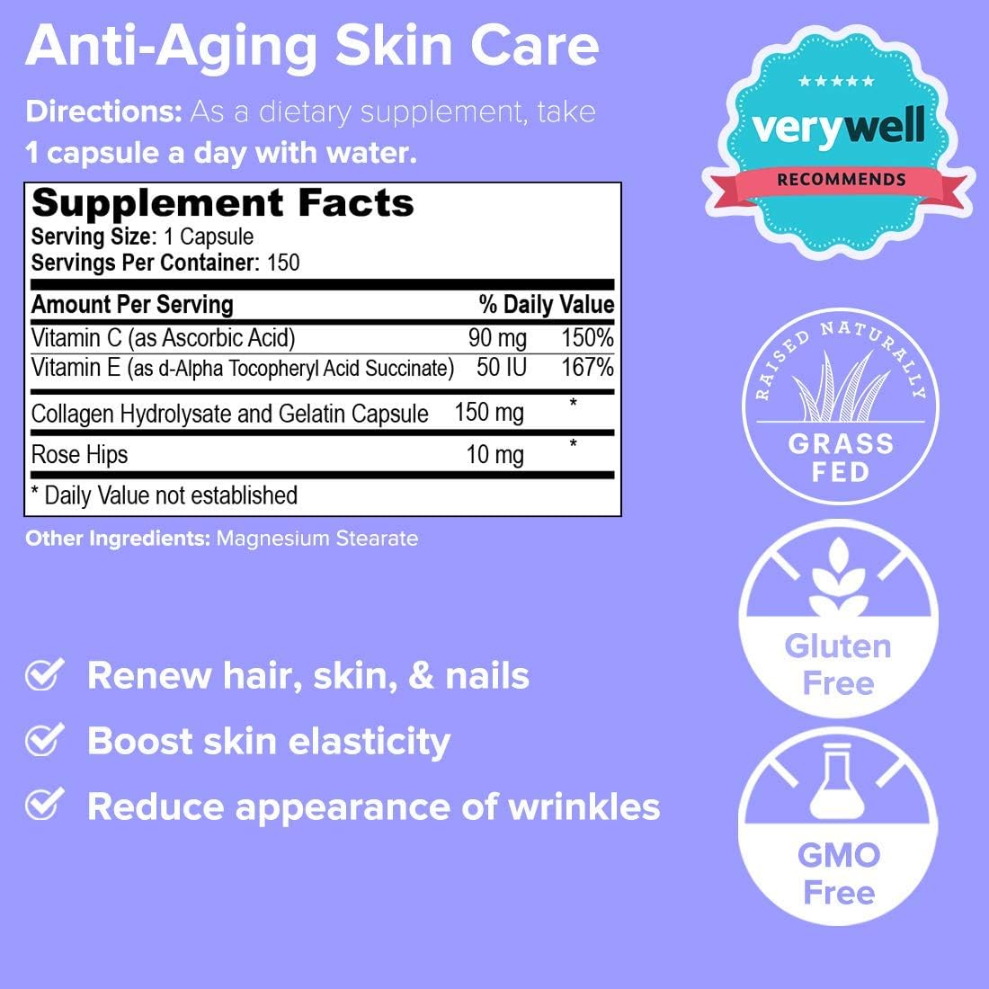 Premium Collagen Pills with Vitamin C, E - Hydrolyzed Collagen Peptides - Supports Hair Growth, Skin, Nails, & Joints, Anti Aging Skin Care, Grass Fed Collagen Supplement for Women Men, 150 Capsules : Beauty