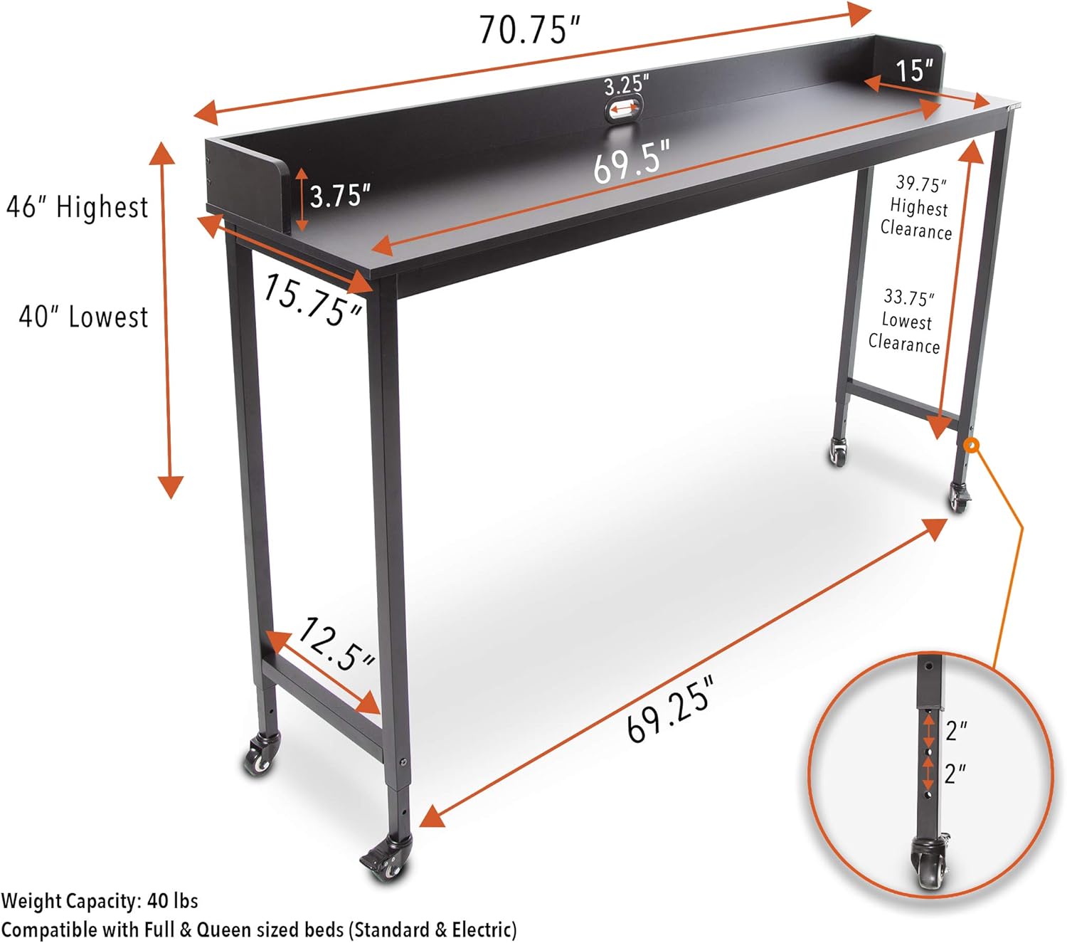 Joy Overbed Table with Wheels | Height Adjustable Rolling Bed Desk for Full/Queen Beds | Mobile Multi-Functional Table | Great for Bedroom, Dining Room, Living Room (Height: 40" - 46" / Black): Kitchen & Dining
