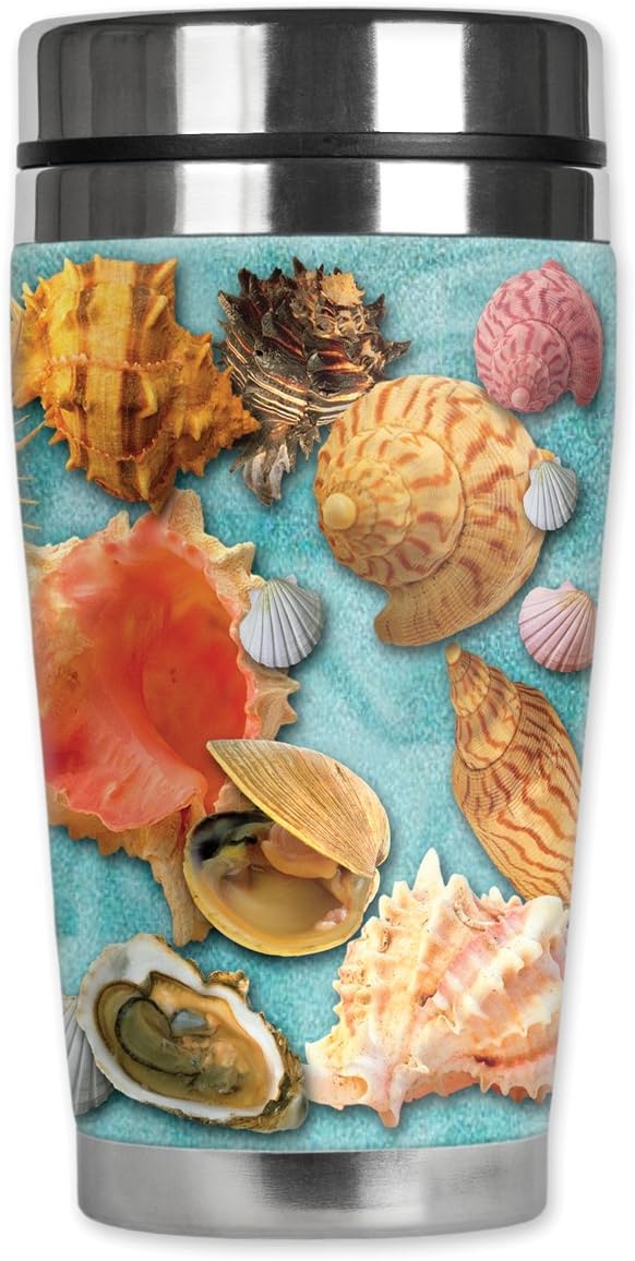 Mugzie Seashells Travel Mug with Insulated Wetsuit Cover, 16 oz, Black