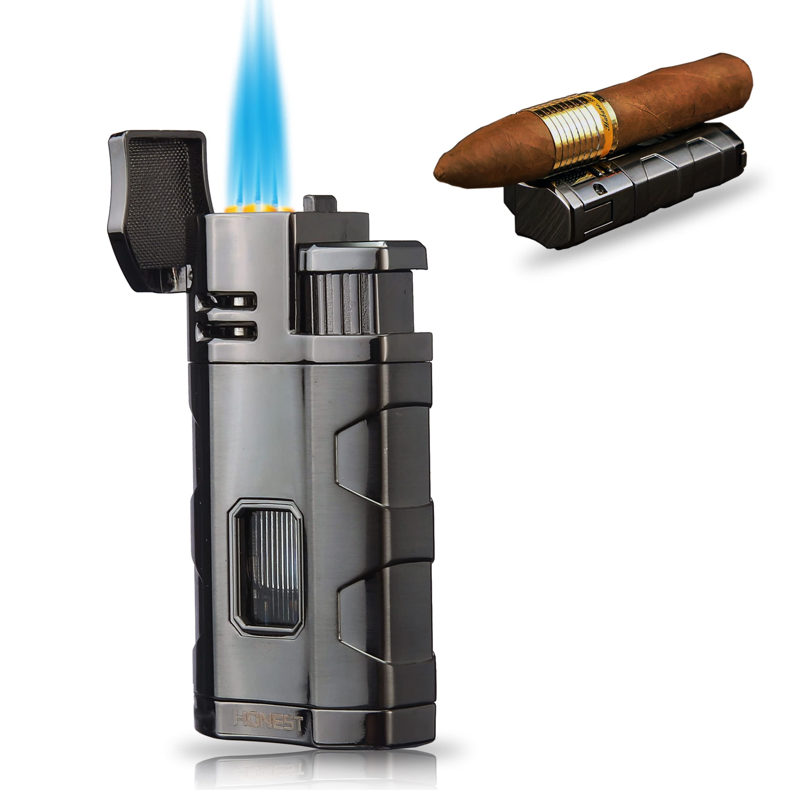 PROMISE Torch Lighter Triple Jet Flame Refillable Butane Cigar Lighter Windproof with Cigar Punch - Butane Not Included (Gunmetal-E)