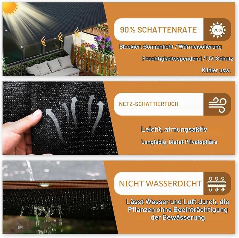 Schattierungsnetz 2x5M, Sonnenschutznetz mit Ösen, Sichtschutzgewebe 90% Schattierwirkung, Sonnenschutznetz Gewächshaus, Schattennetz Garten, Sonnenschutz Netz Schwarz von Sunshine Smile
