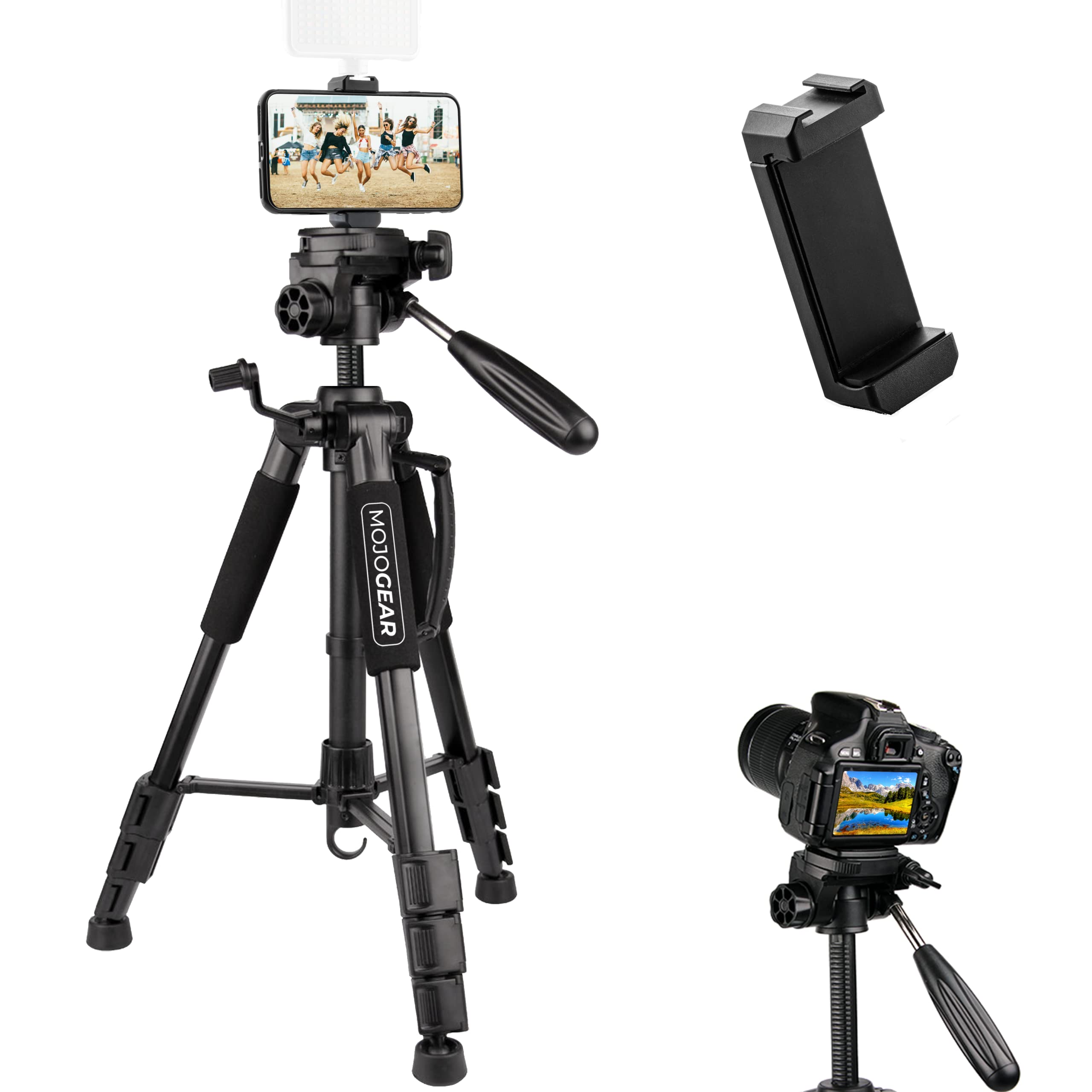MOJOGEAR Smartphone and Camera Tripod - up to 140 cm high - with phone holder and carrying bag - Tipod smartphone - Tripod camera - Black