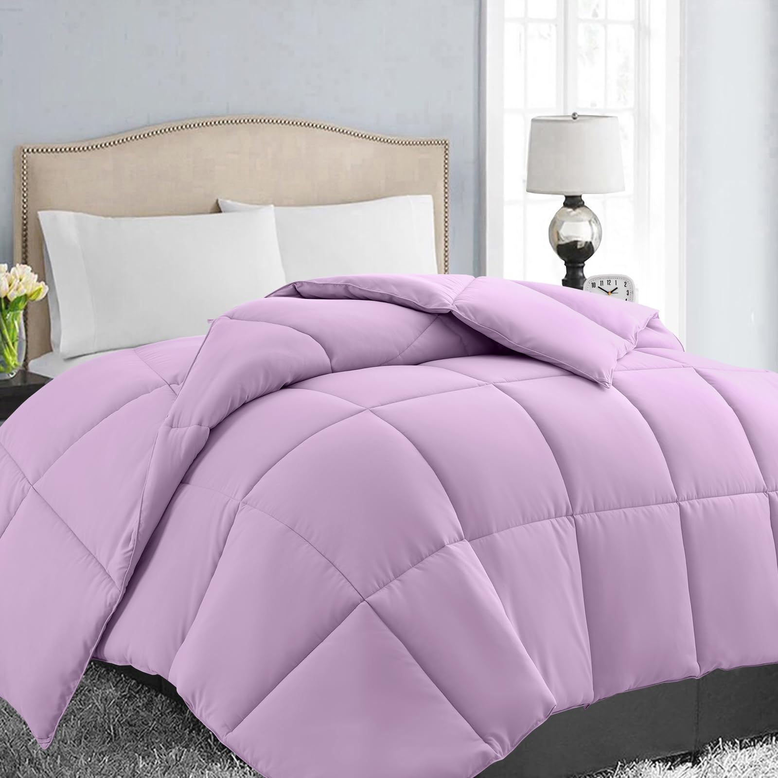 EASELAND California King Down Alternative Comforter - Quilted Duvet Insert for All Seasons, Soft Lightweight with Corner Tabs, Summer Winter Warm Bedding, Lavender 96x104 Inches Image
