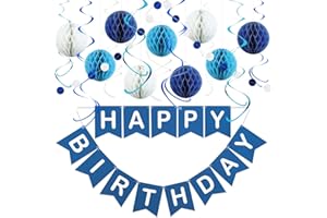 LITAUS Navy Blue Birthday Decorations Kit - 17-Piece Set with Pre-Strung Happy Birthday Banner, Honeycomb Balls, Garland & Swirls | Blue Theme Party Supplies for Men Boys Kids, Teens Adults