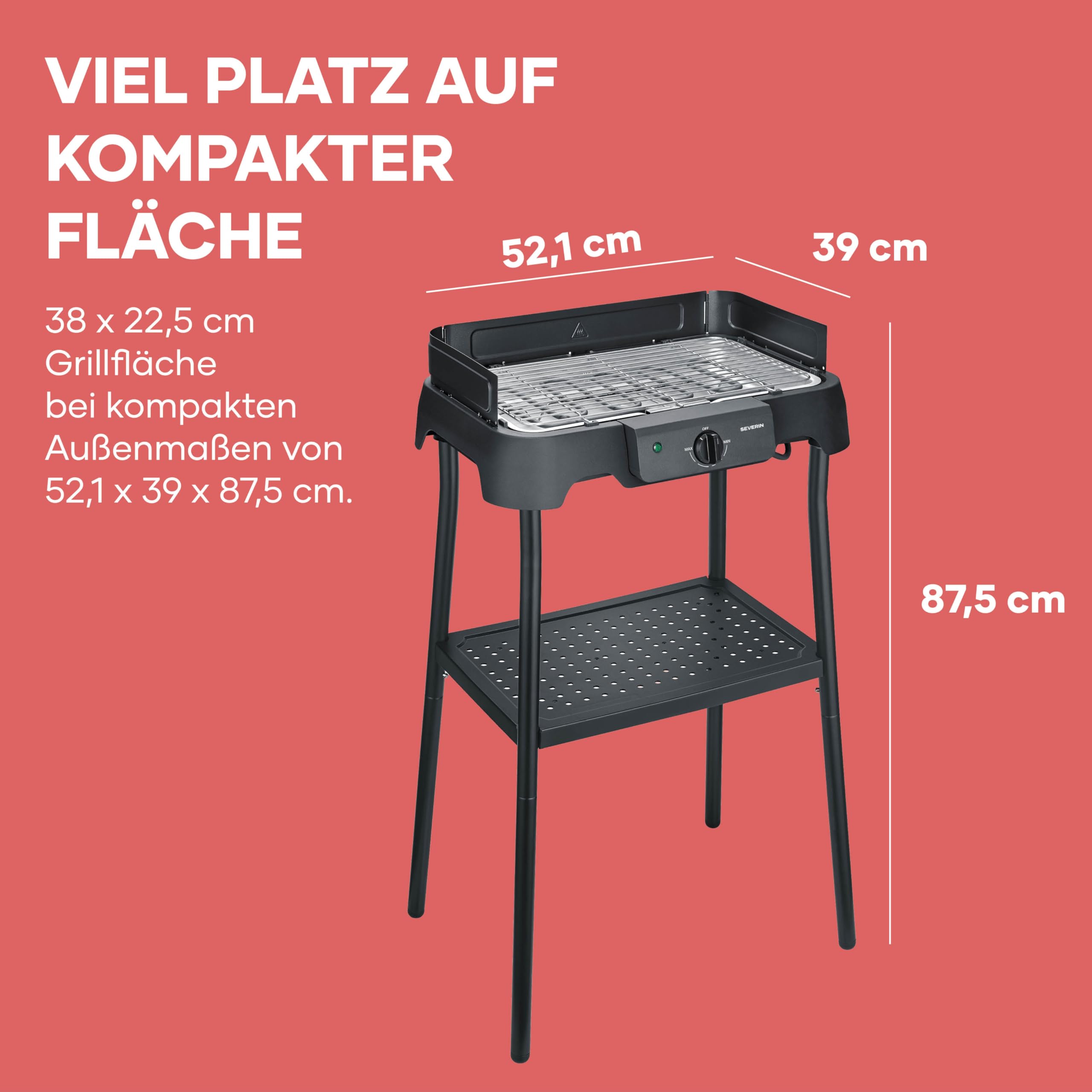Elektrogrill mit Standfuß, einstellbare Temperatur 35-200 Grad Celsius, schnelles Aufheizen, 38x22cm, Tischgrill mit Auffangschale, Edelstahl-Grillrost, Balkongrill, 2000W, schwarz, PG 8594