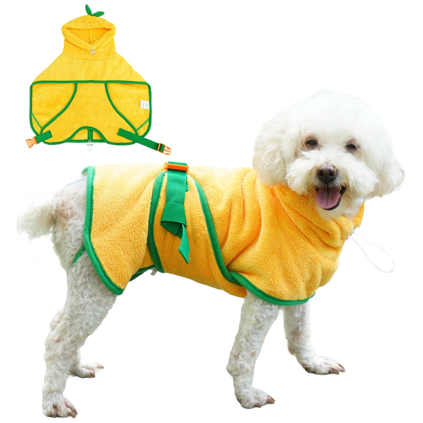 Fnaobai Pet Bathrobe for Dog Cat Absorbently Quick Drying Coat Cute Dogs Bath Towel Hooded Robe Adjustable Collar & Belly Strap for Pool Beach (Yellow, XL)