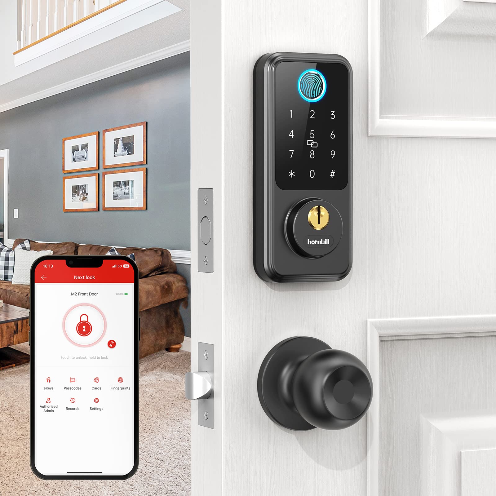 Smart Lock for Front Door Lock Set: Keyless Entry Deadbolt with Handle Knob - Electronic Door Lock with Keypad - Hornbill Smart Door Lock Handle Set - Smart Deadbolt Code App Unlock