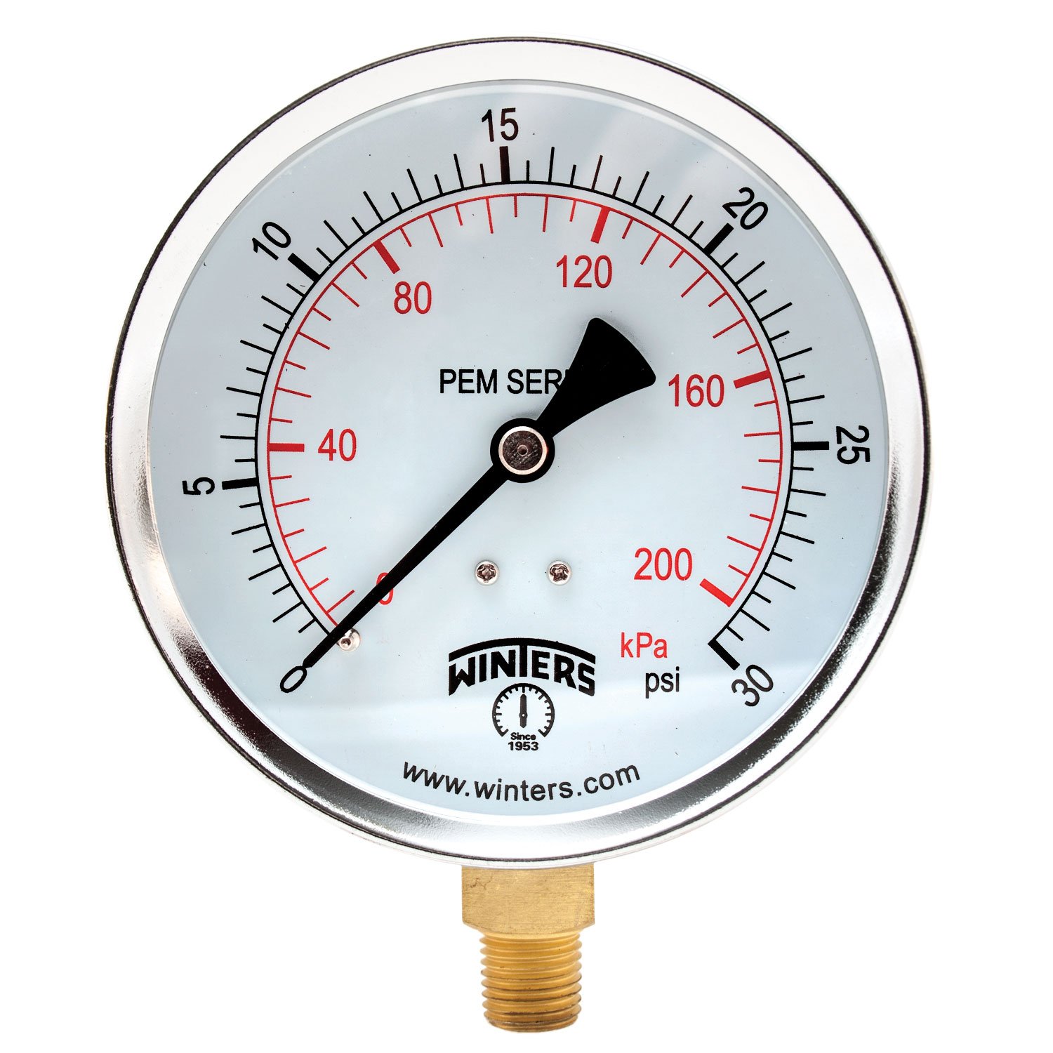 Winters PEM Series Steel Dual Scale Economical All Purpose Pressure Gauge with Brass Internals, 0-30 psi/kpa, 4" Dial Display, +/-3-2-3% Accuracy, 1/4" NPT Bottom Mount