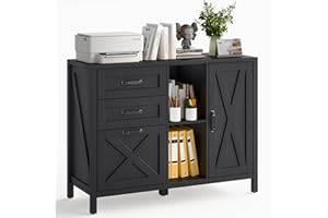 HALITAA Lateral File Cabinet with 3 Drawers and Door, Farmhouse File Cabinet with Adjustable Shelf for Letter/A4 Size Hanging Files, Printer Stand with Storage Cabinet for Home Office Furniture, Simple Black
