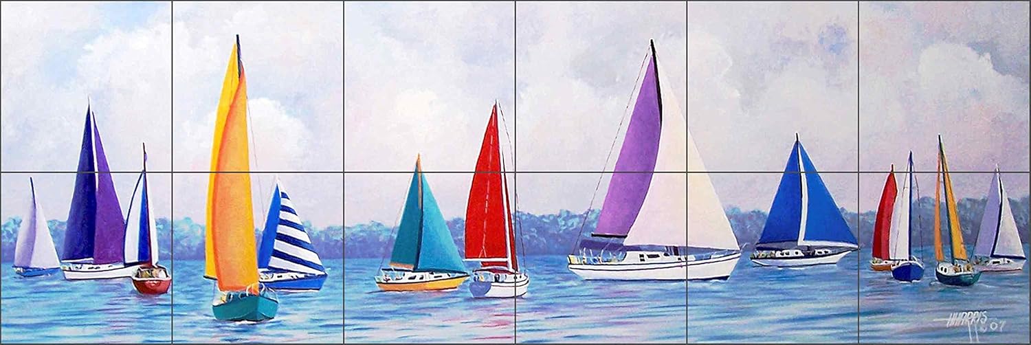 Sailboat Fiesta By Hugh Harris Nautical Sailboats Ceramic Tile