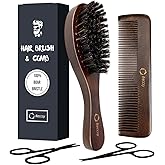 Hair Brush And Comb Set For Men-Boar Bristle Hair Brush,Beard & Wave Brush,Fine Tooth and Wide Tooth Wooden Beard Comb,Facial Grooming Scissors for Eyebrow, Nose Hair, Mustache