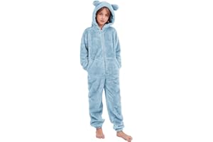PEHMEA Girls Fleece Jumpsuits Hooded Zip-Up with Pockets, Winter Warm Sherpa Romper for Kids 5-14 Years