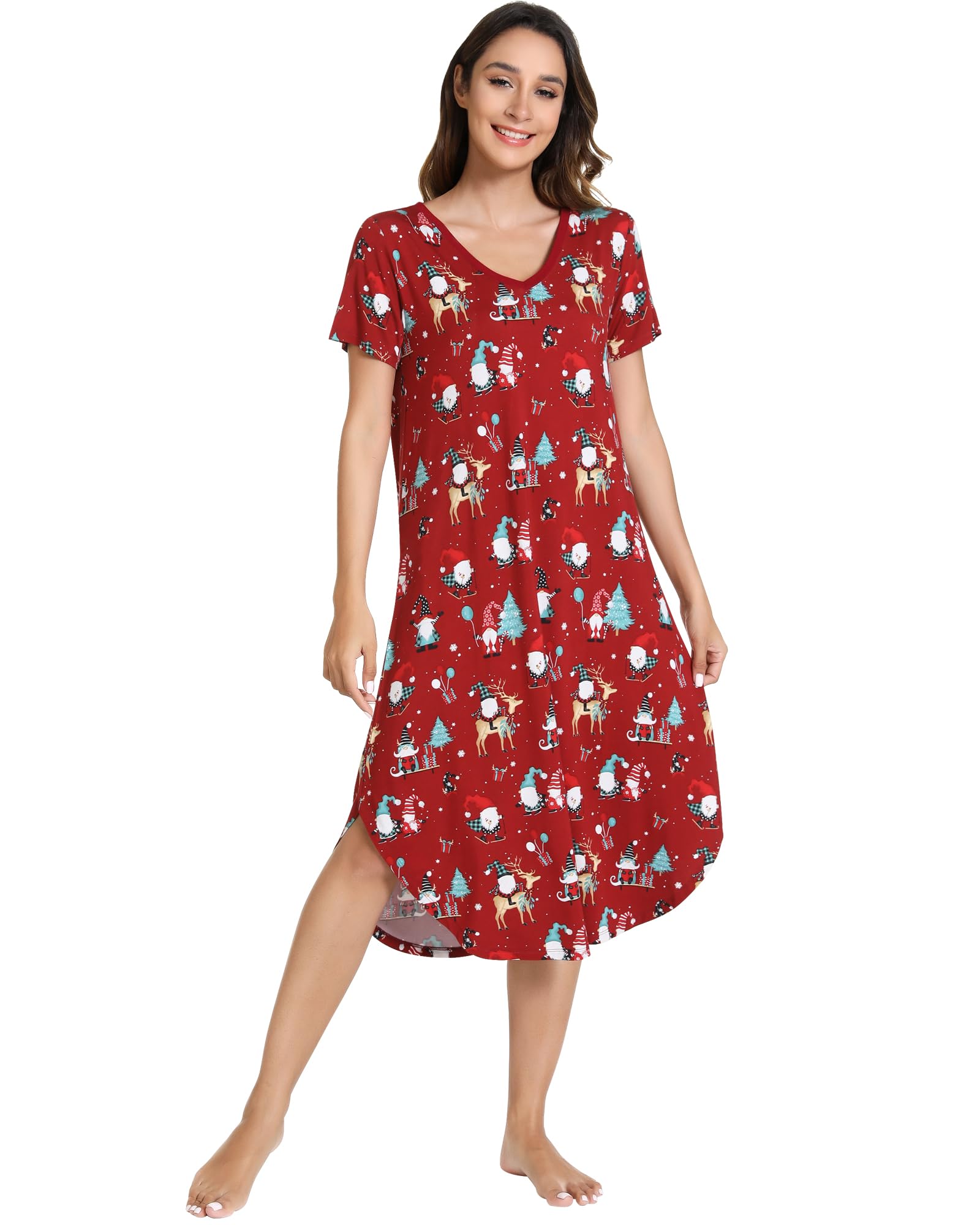 NACHILA Nightgowns for Women-Viscose Made from Bamboo,V Neck Sleepshirts Short Sleeve Sleepwear Cool Nightshirt Christmas Red Large Image