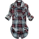 Match Womens Button Down Flannel Plaid Shirts roll up Long Sleeve Shackets Business Blouse Top