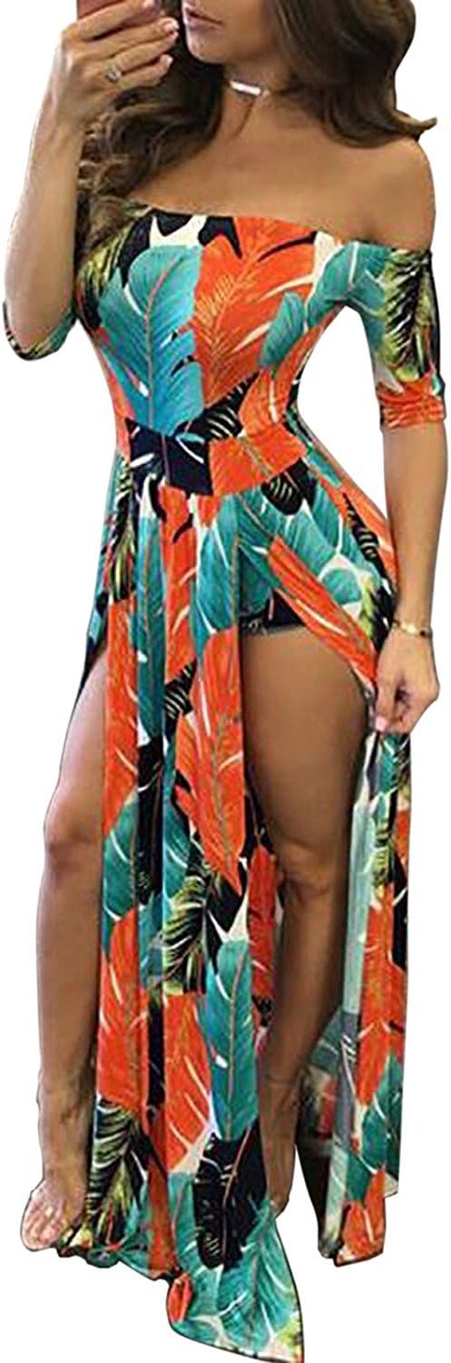 EGELEXY Women Tropical Leaves Print Off Shoulder High Split Long Beach Maxi Dress