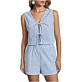 WDIRARA Women's Striped 2 Piece Outfits V Neck Bow Tie Front Tank Top Shorts Set Matching Clothes Set