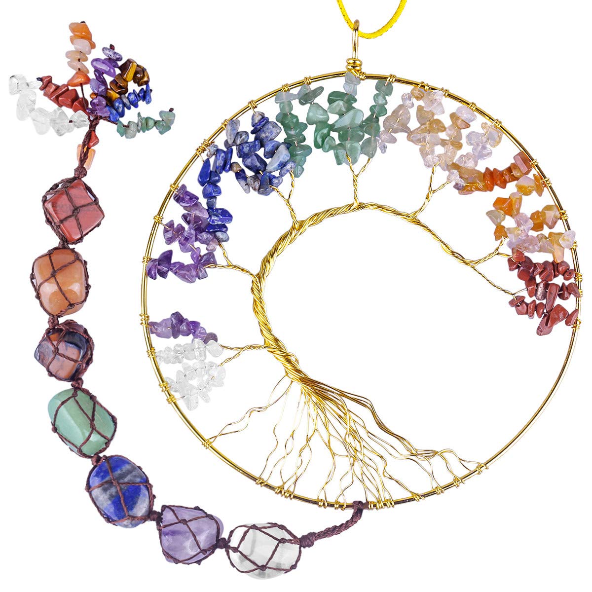 Nupuyai 7 Chakra Healing Crystals Tree of Life Wall Hanger, Tumbled Gemstones Meditation Hanging Ornament Window Wedding Home Decor, 15cm Width