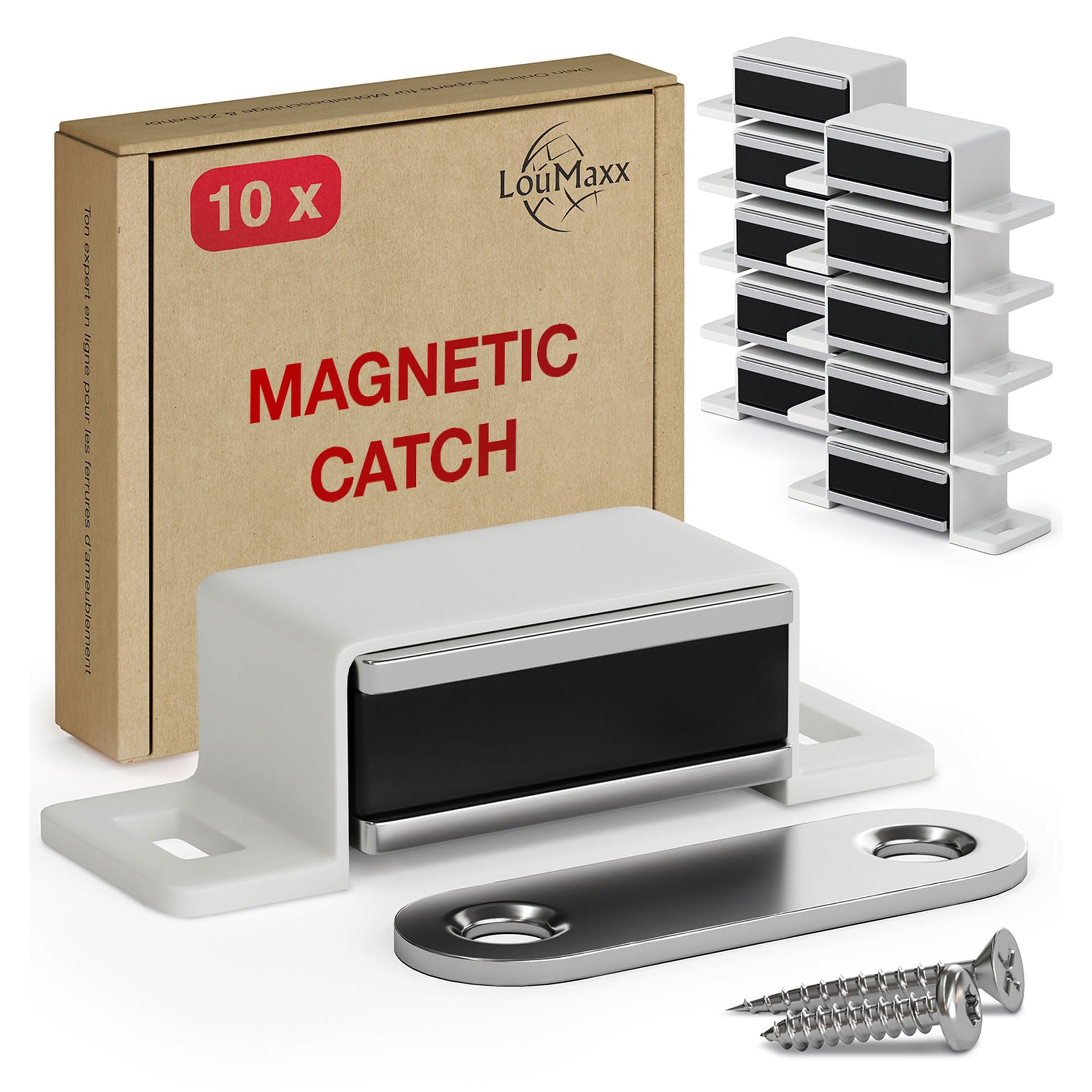 LouMaxx strong door magnets - Holding force 4kg - Set of 10 in white – magnetic door catch – cabinet magnets – magnetic cupboard catches – wardrobe magnetic door catch