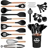 Gaixvny Kitchen Utensils Set - 34 PCS Non-Stick Silicone Cooking Utensils Set Spatula Set with Holder, Wooden Handle Spoon,Brush,Whisk Kitchen Gadgets Tools Set for Nonstick Cookware (Black-34P)