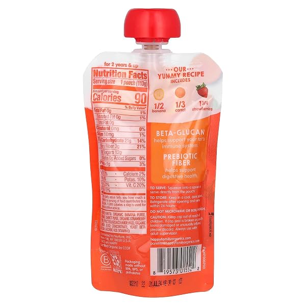 HAPPY TOT ORGANICS SUPER BELLIES STAGE 4 IMMUNE + DIGESTIVE SUPPORT BLEND ORGANIC BANANAS, CARROTS & STRAWBERRIES POUCH 4 OZ