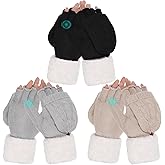 Geyoga 3 Pairs Winter Knitted Fingerless Gloves Mittens for Women, Thick Warm Thermal Touch Screen Mittens with Imitation Rabbit Fur Lining, Convertible Flap Half Finger Gloves for Adult