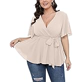 SCOMCHIC Women's Plus Size Short Sleeve V Neck Wrap Belted Ruffle Peplum Blouse Tops