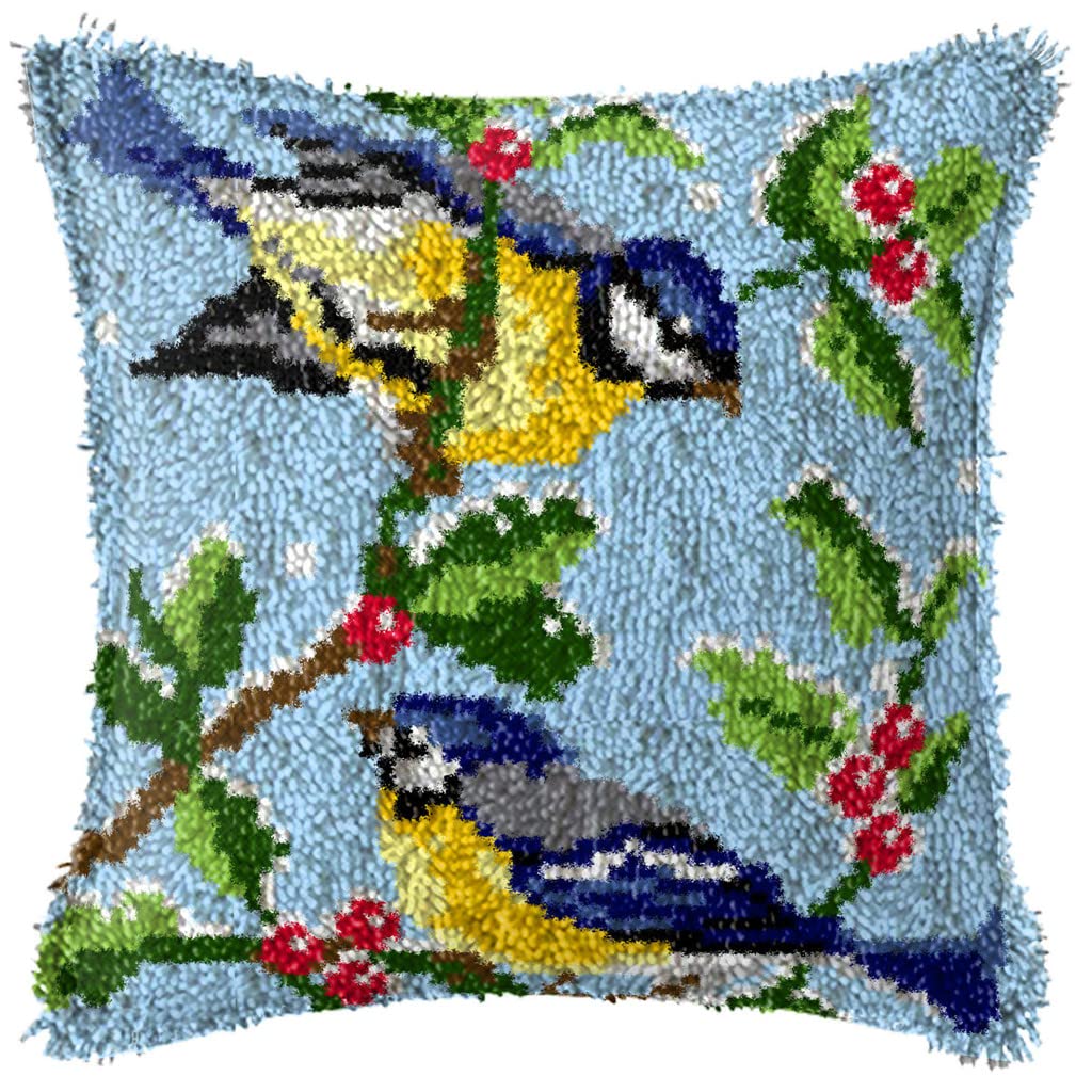 DIY Latch Hook Kits,3D Pillow Materials Package Latch Hook Embroidery Kits Cross Stitch Sofa Cushion Cover with Tool fit for Beginner and Adults,43x43 cm (Bird B)