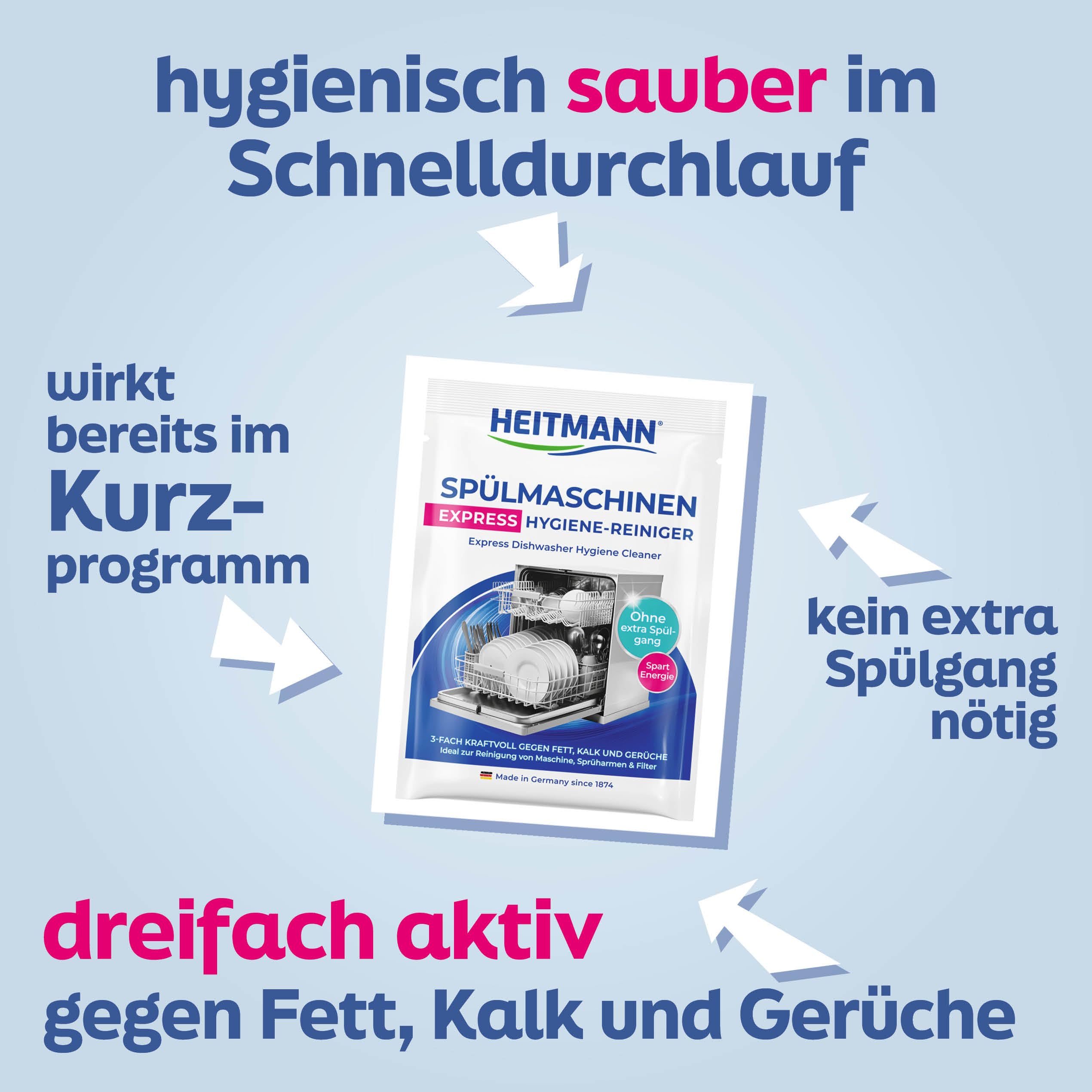 HEITMANN Express Spülmaschinenreiniger | Dreifach-aktiv gegen Fett, Kalk & Gerüche | Maschinenreiniger für Geschirrspüler – wirkt im Kurzprogramm | Für Sprüharme, Filter & Innenraum | 30 g 3
