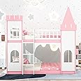 Bellemave Low Bunk Beds for Kids Twin Over Twin Castle Bed Princess Bed with Ladder, Solid Wood Twin Floor Bunk Bed Frame for Kids Teens Girls Boys, Pink