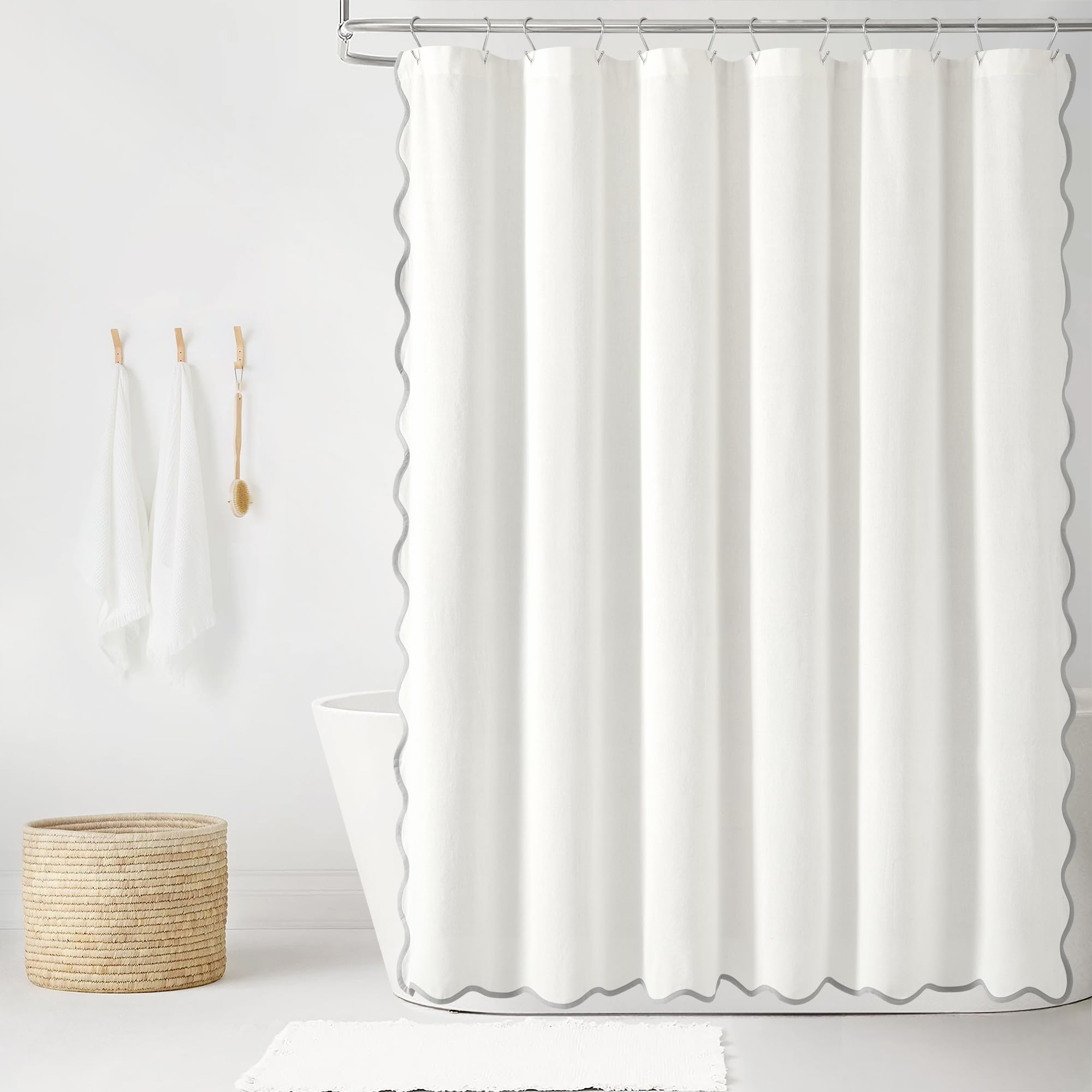 Lush Decor Coastal Chic Scallop Edge Linen-Textured Shower Curtain, Single 72″ W x 72″ L, Gray & White – Scalloped Shower Curtains – Coastal Bathroom Curtain