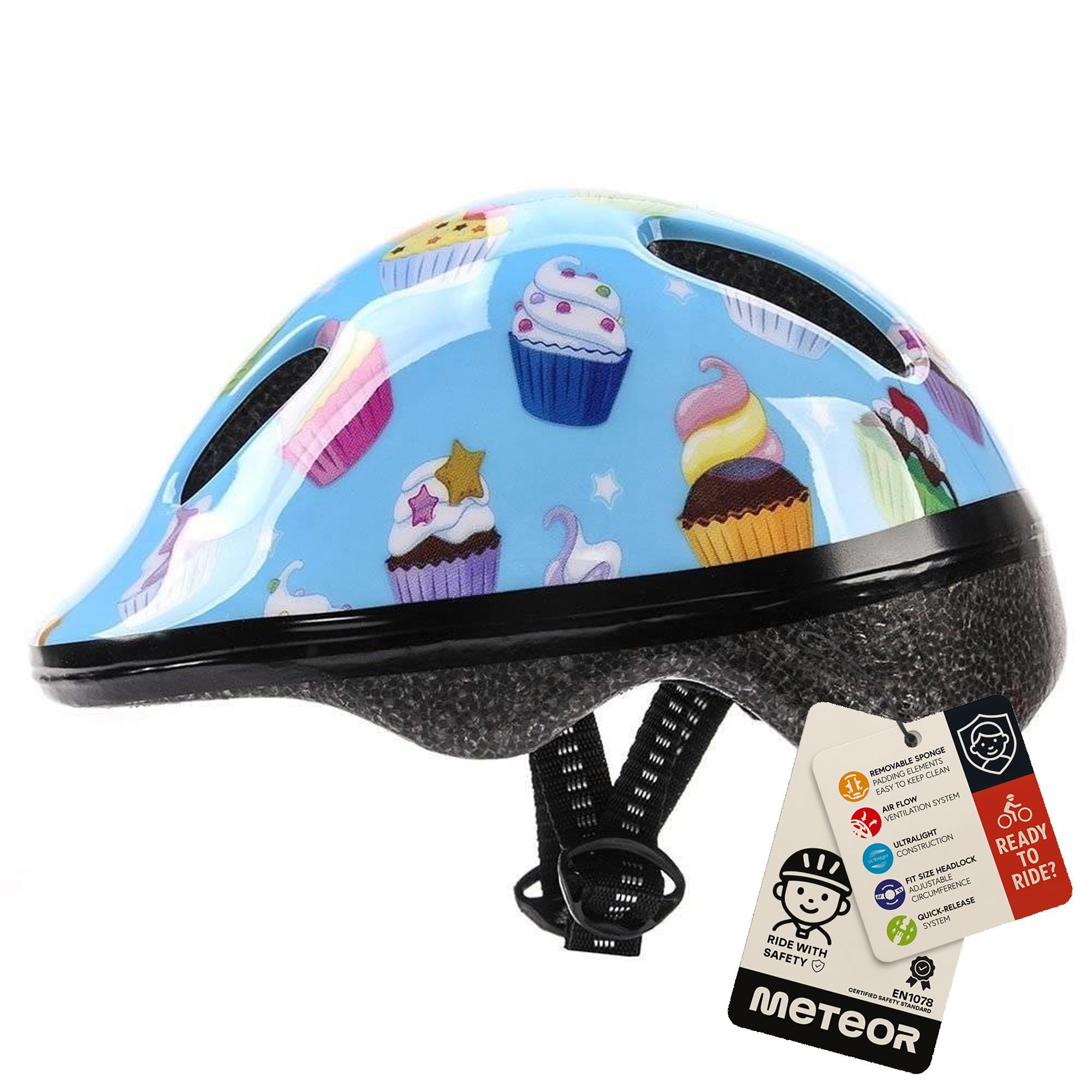 Meteor Kids Bike Helmet Muffins XS 44-48 cm, Toddler & Child Cycling Helmet, Lightweight Adjustable Scooter & Skate Helmet with Airflow Vents, Washable Padding, Safety Head Protection