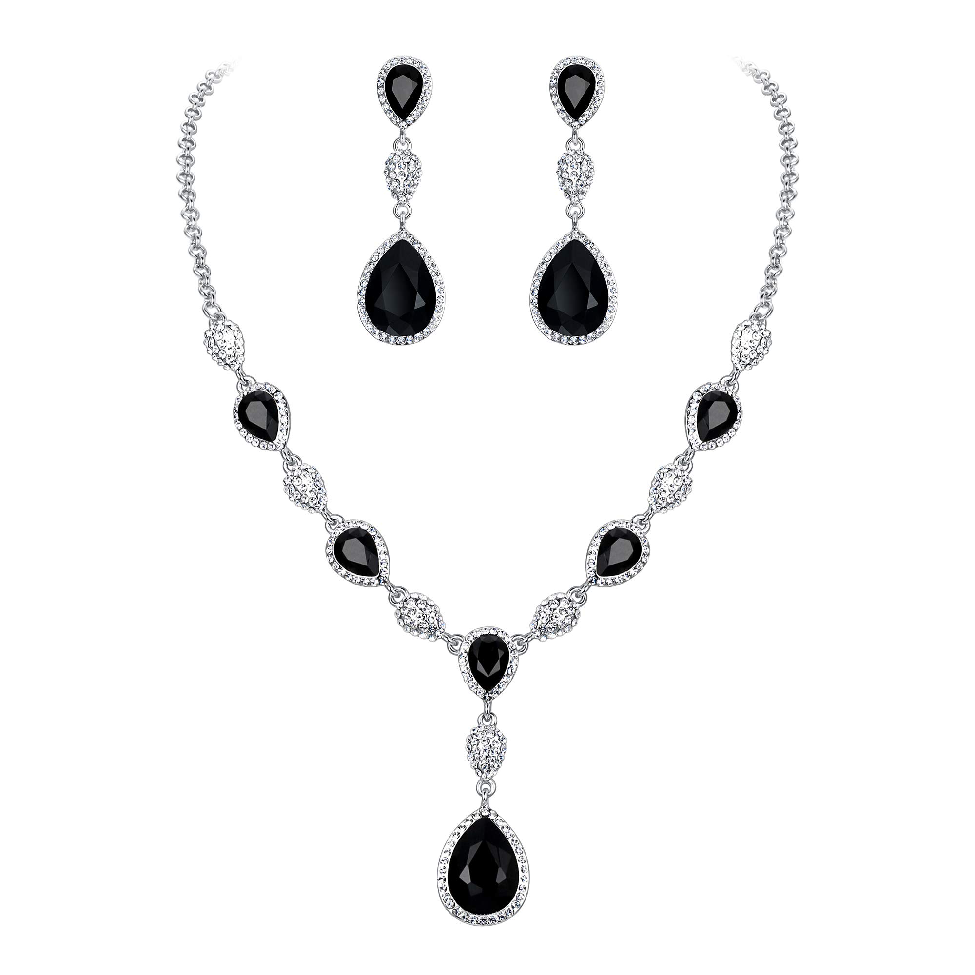 Clearine Wedding Bridal Cubic Zirconia Teardrop Y Necklace and Earrings Jewellery Set for Women Black Silver-Tone